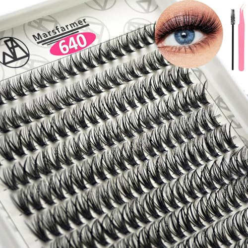 Marsfarmer 640pcs Individual Cluster Lashes Kit - False Eyelashes 9-16mm 40D+50D D-curl with Lash Cluster Applicator Tweezer, Reusable