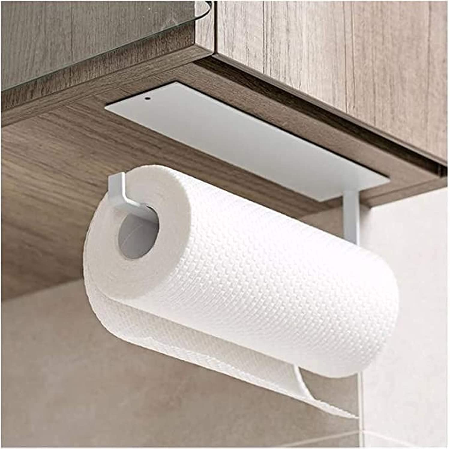 AMERTEER Self Adhesive Paper Towel Holder - Wall Mounted & Under Cabinet Kitchen Tissue Roll Holder | No-Drill, Space-Saving Paper Towel Rack for Bathroom & Kitchen Organization (White)