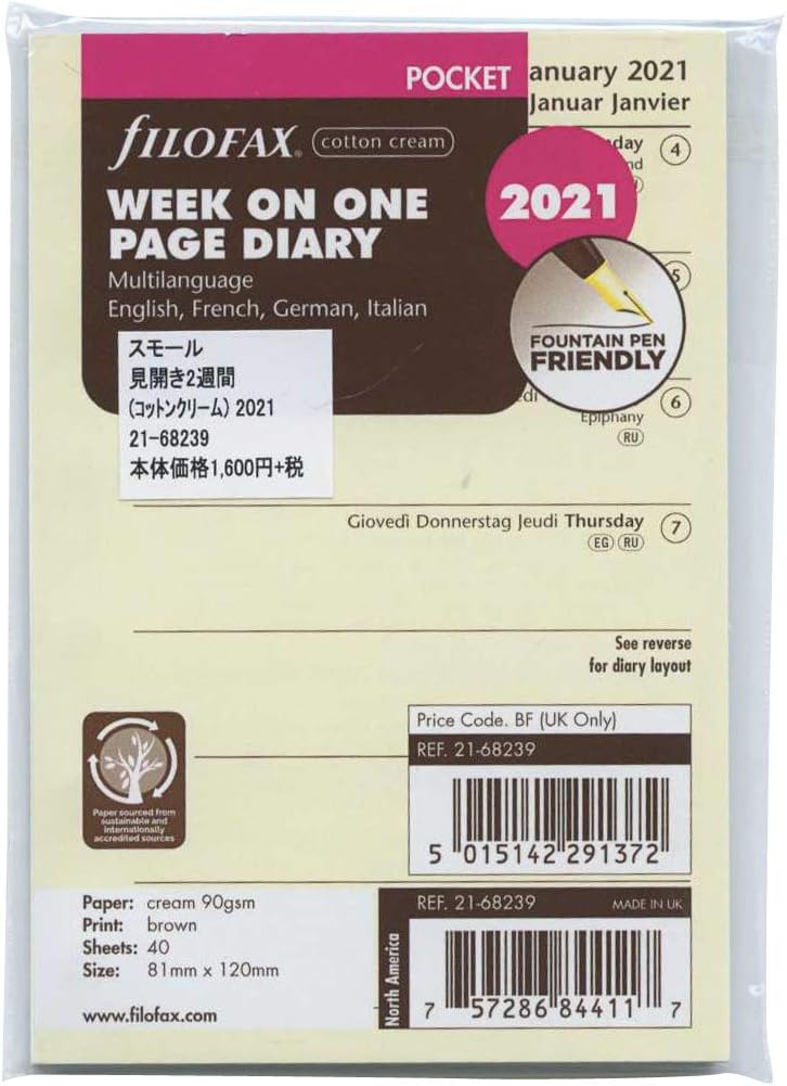 Filofax Personal Organizer, Refill, Starts January, 2021 Small, Weekly Cream 21-68239, Regular Import