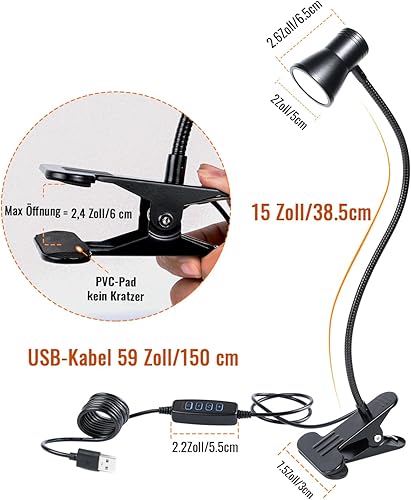 Miniatura 5 de Lámpara de escritorio con clip, luz de lectura USB, luz de abrazadera LED flexible para el cuello con 3 opciones de temperatura de color, 10 niveles
