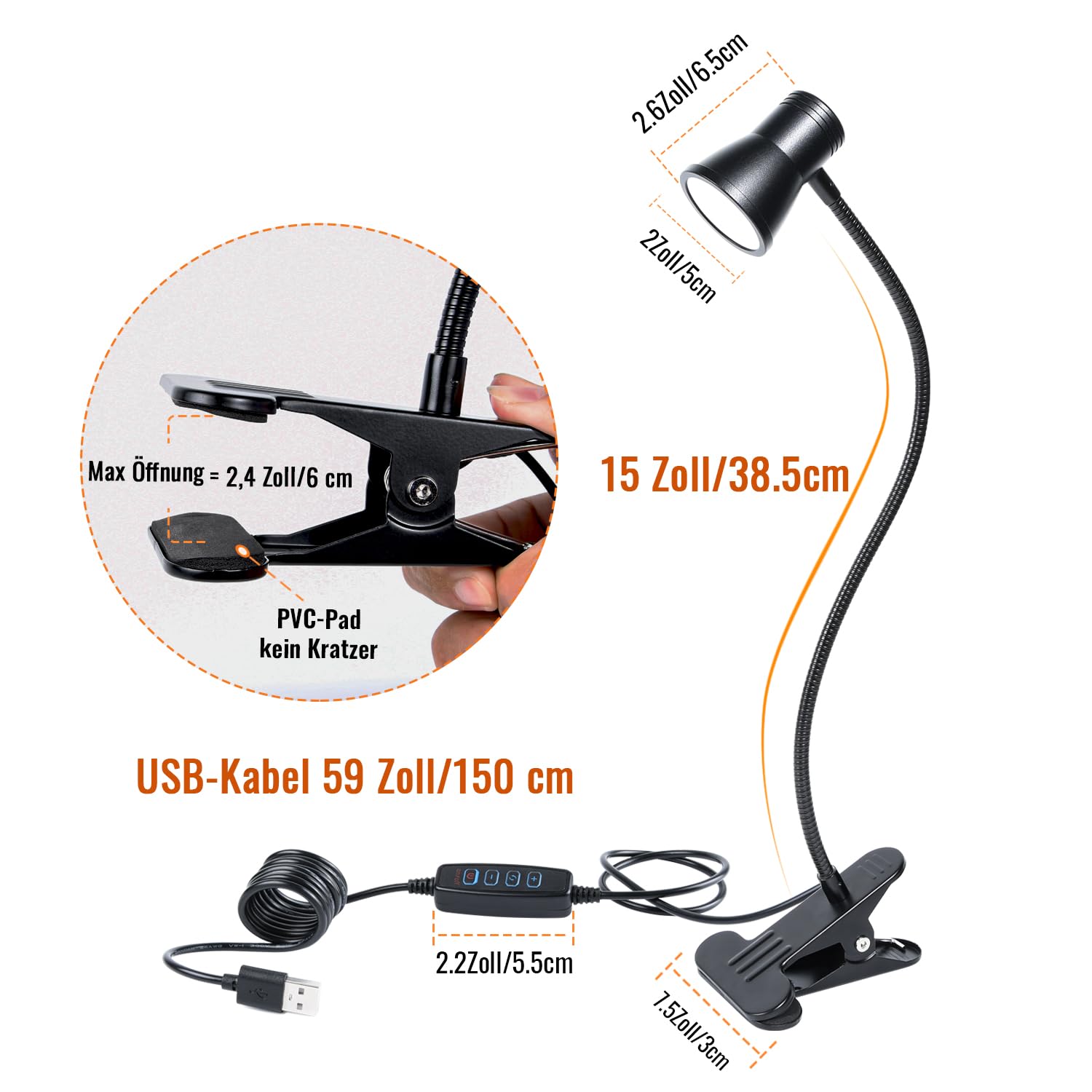 Lámpara LED con pinza como lámpara de lectura, lámpara de escritorio, luz de maquillaje, 3 temperaturas de color, 10 brillo, lámpara de pinza USB, lámpara LED regulable, luz diurna, cable