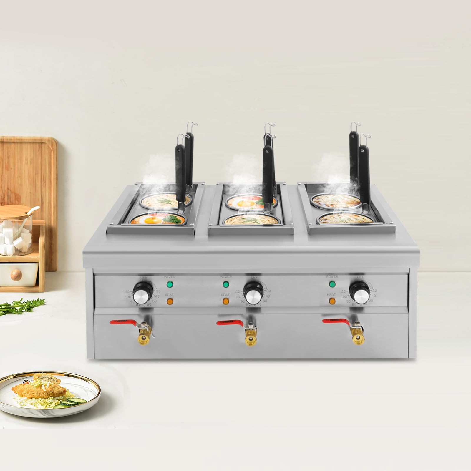 Fornello per pasta professionale, 6 cesti, 9 l, 2500 W, in acciaio inox, con rubinetto di scarico, fornello per pasta elettrica, per feste, banchetti ed eventi di catering