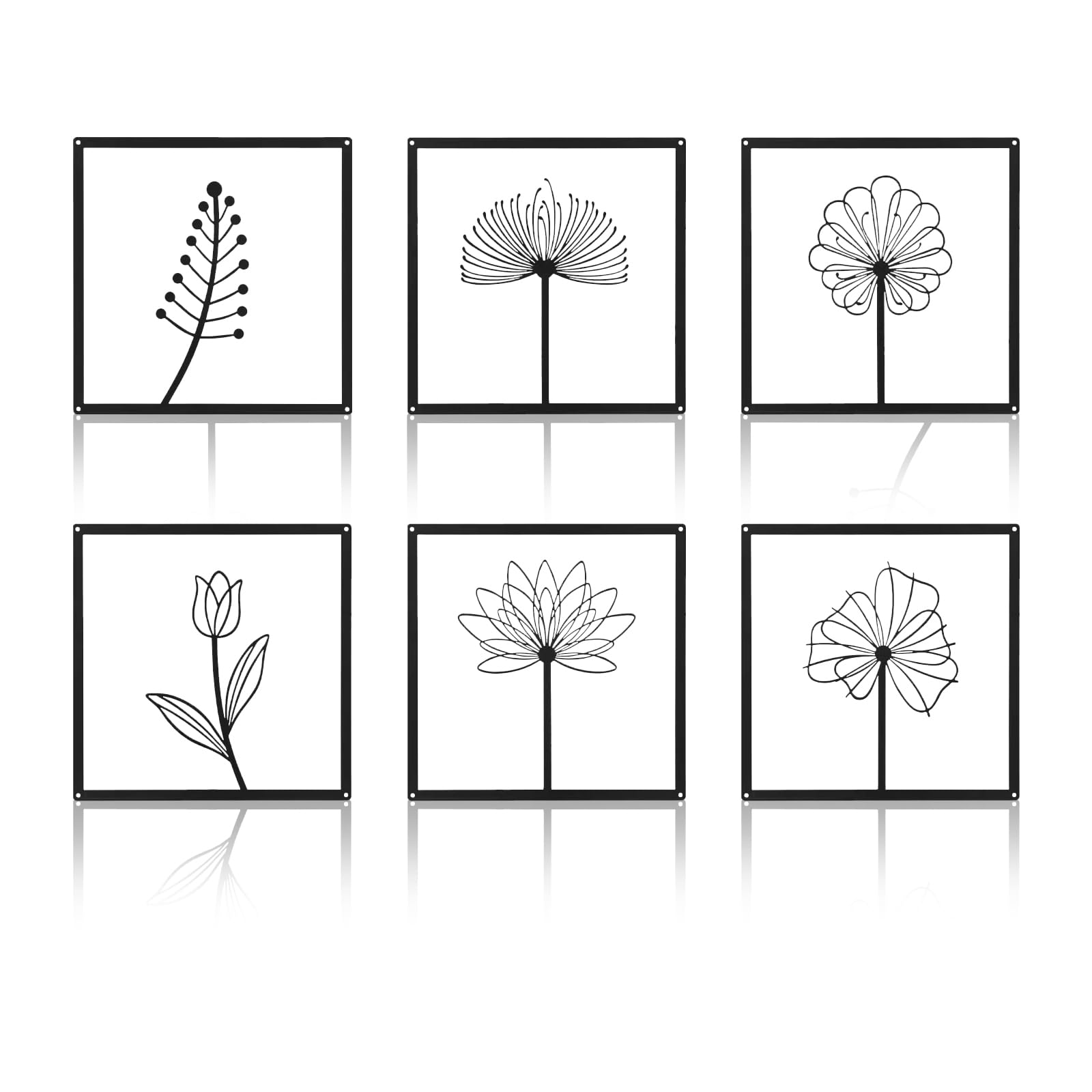 Rongxze 6 piezas de decoración de pared de metal, arte de flores y hojas de hierro negro (25×25cm) marco cuadrado para decoración de pared para salón, dormitorio, oficina, interior y exterior