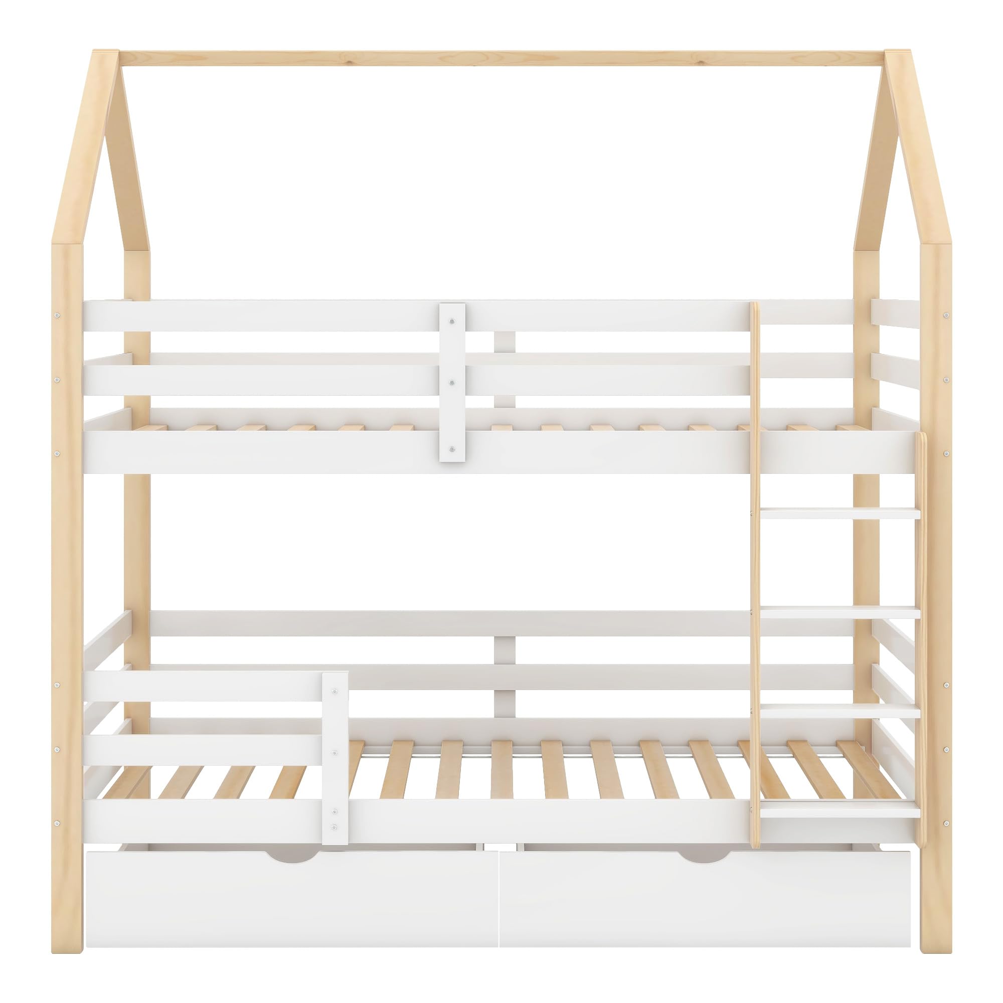 Merax Hochbett 90x200cm, Etagenbett mit Leiter & große Schubladen Stockbett für 2 Kinder mit Rausfallschutz und 2 Lattenrost, Kiefernholz Kinderbett Jugendbett, Doppelbett Hausbett, Holzfarbe & Weiß
