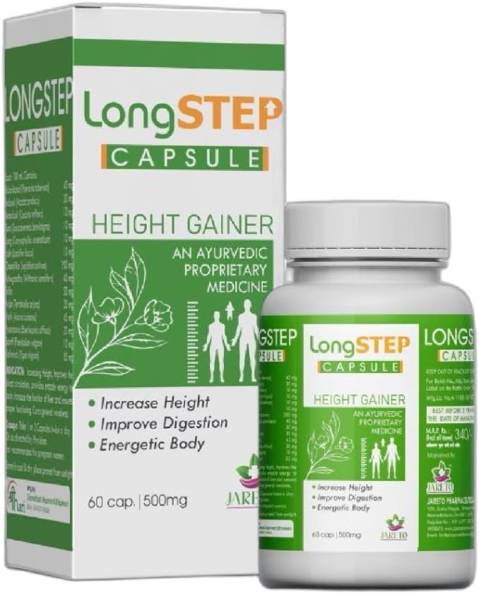 LongSTEP Capsule – Ayurvedic Proprietary Medicine for Height Growth & Development | Natural Herbal Growth Supplement, Bone & Muscle Support | Adolescent & Adult Height Support | 60 Capsules 500mg (Pack of 1)