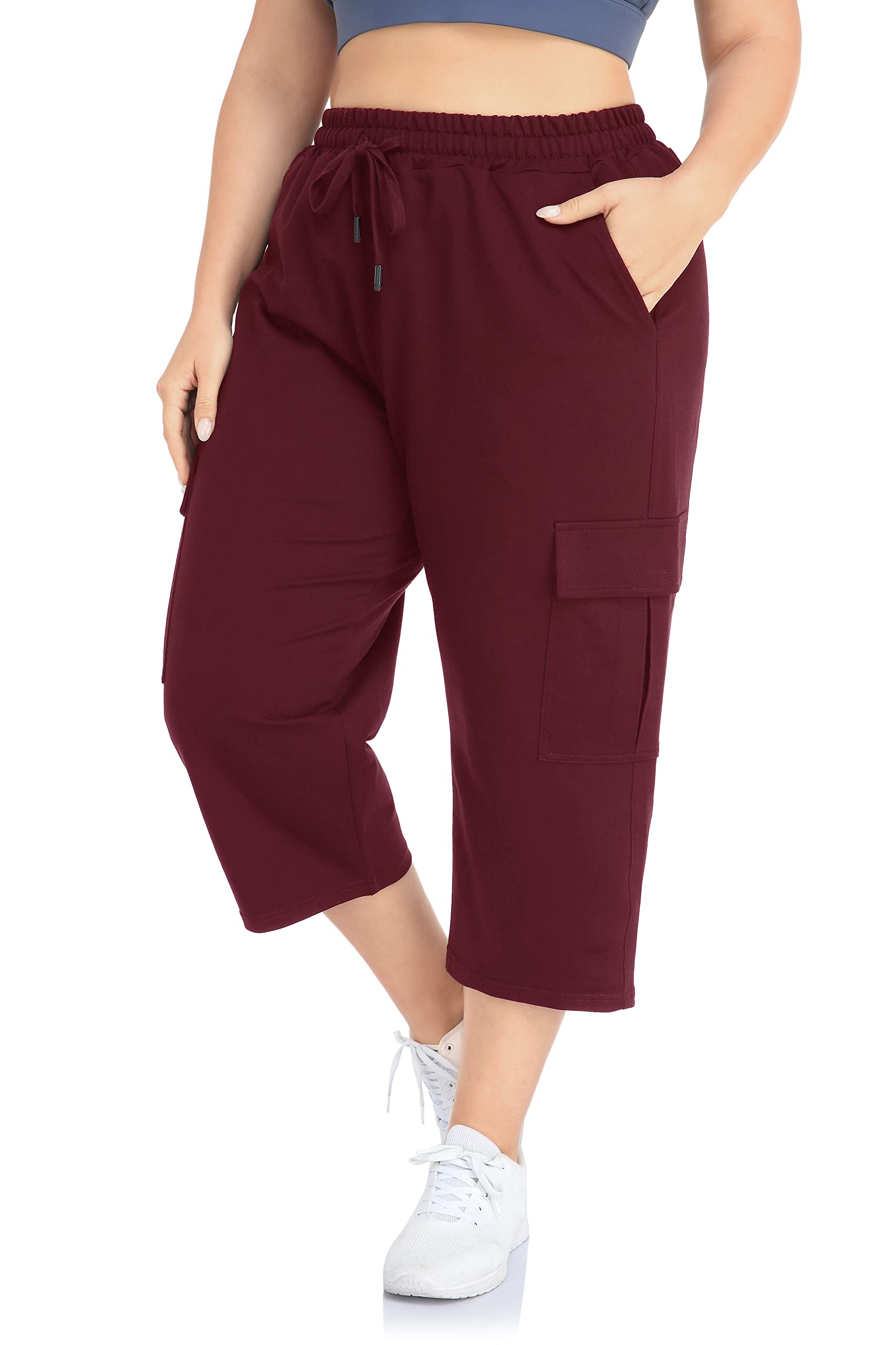 ZERDOCEANWomen's Plus Size Cargo Capri Sweatpants Active Workout Casual Sweat Crop Pants Pockets Drawstring