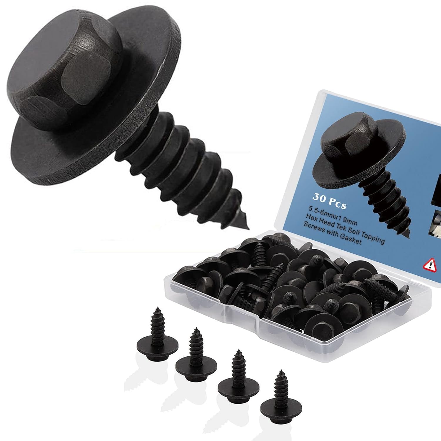 Litorange 30 tornillos autorroscantes Tek de cabeza hexagonal de 5,5-6mmx19mm con junta,tornillos de cabeza hexagonal autoperforantes de acero inoxidable 304 para el orificio del automóvil, en caja