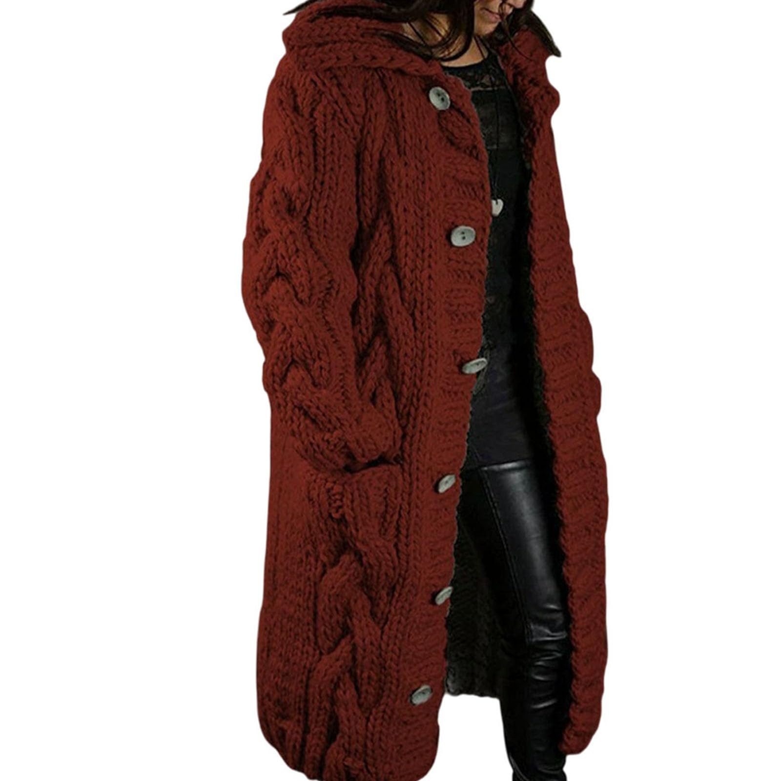 Long Cable Knit Sweater Cardigan Button Down Long Chunky Knit Cardigan Coat with Pockets