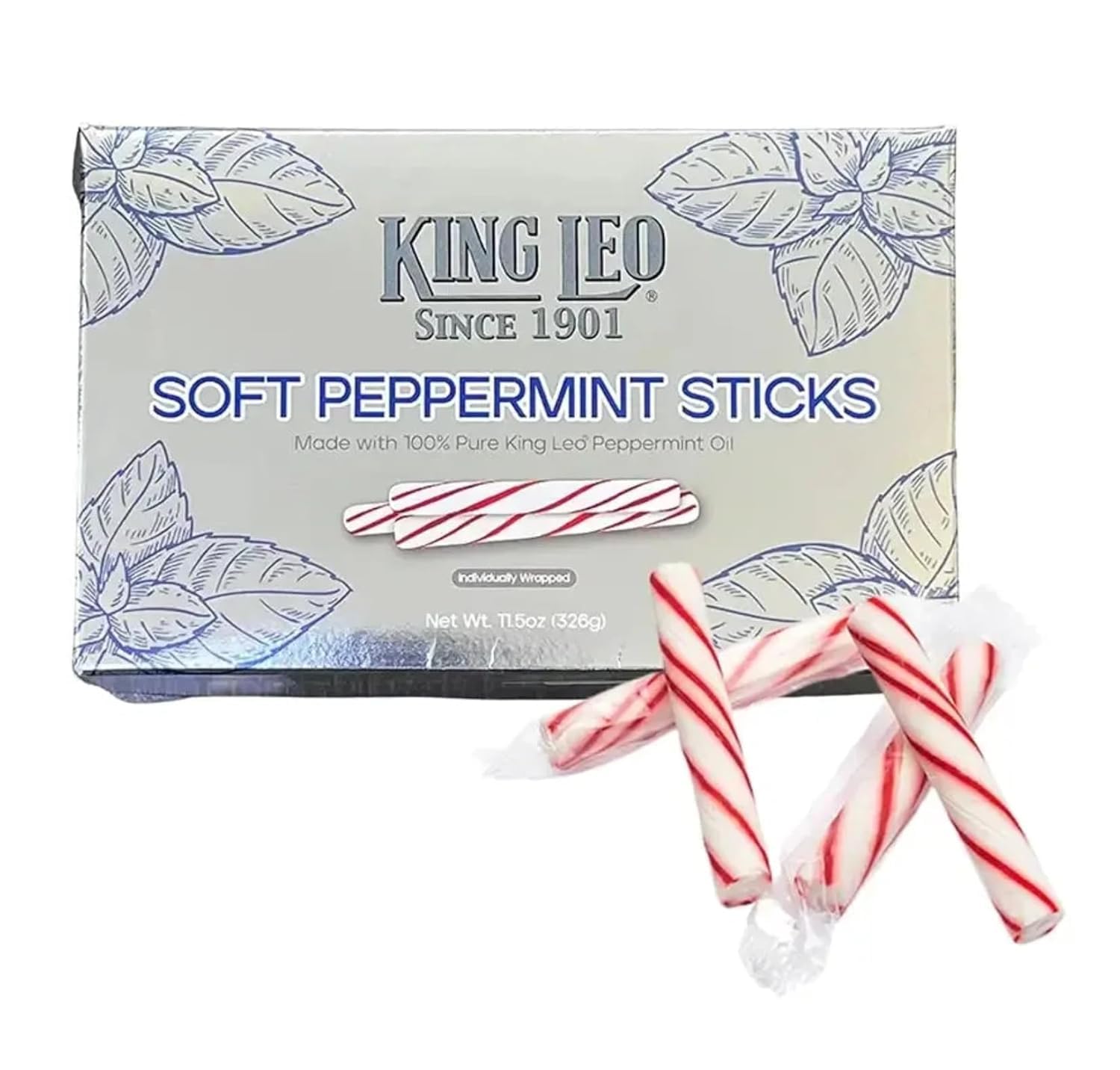 Smiling SweetsKing Leo Soft Peppermint Sticks, Peppermint Sticks, Made with 100% King Leo Peppermint Oils, Individually Wrapped, Delicious for Generations - 11.5 oz
