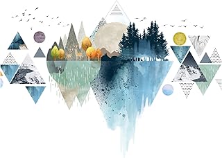 Adesivi Murali Paesaggio Sticker da Parete Moderni Forma Geometrica (blu, verde e grigio)