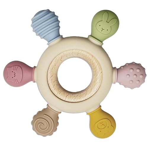 Juguetes de dentición de silicona, anillo de madera natural con cubierta de dentición de silicona, juguetes de dentición para bebés de 0 a 6 meses, disponible en Yaxa Peru