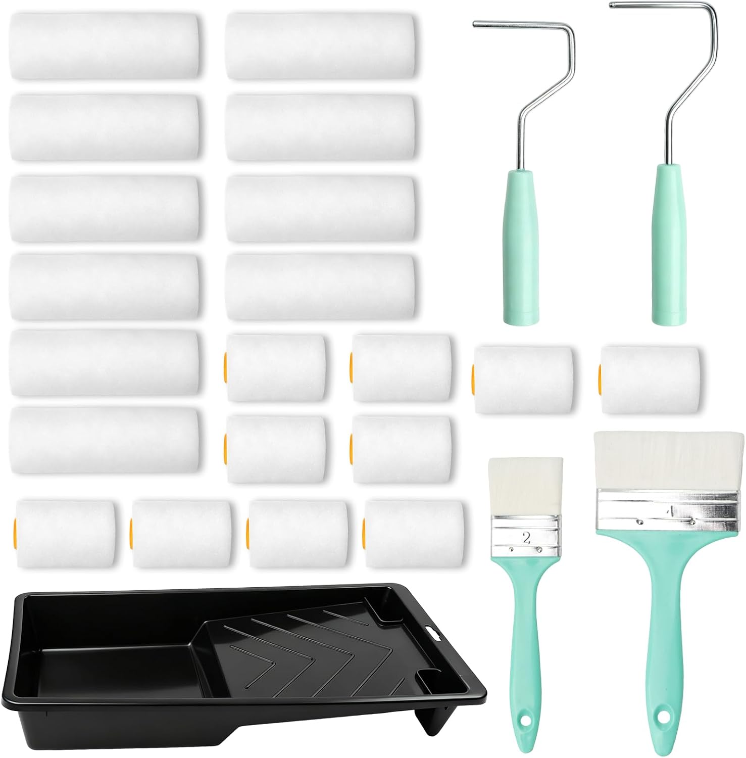 Paint Roller Set, 25-Piece Paint Set, 20 Foam Rollers (10 cm/5 cm), 2 Paint Roller Handles, 2 Brushes for Walls, 1 Paint Tray - Paint Set, Paint Roller Holder, Painting Set for Painting