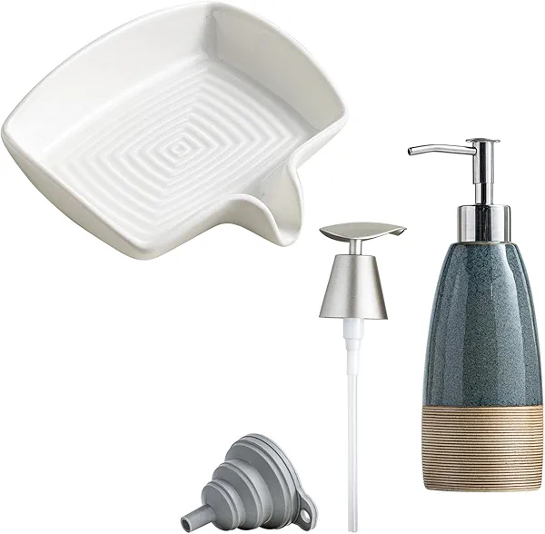 Ceramic Shower Soap Dish with Waterfall Design & Soap Dispenser Set for Shower, Ceramic Refillable Soap Bottle for Shampoo