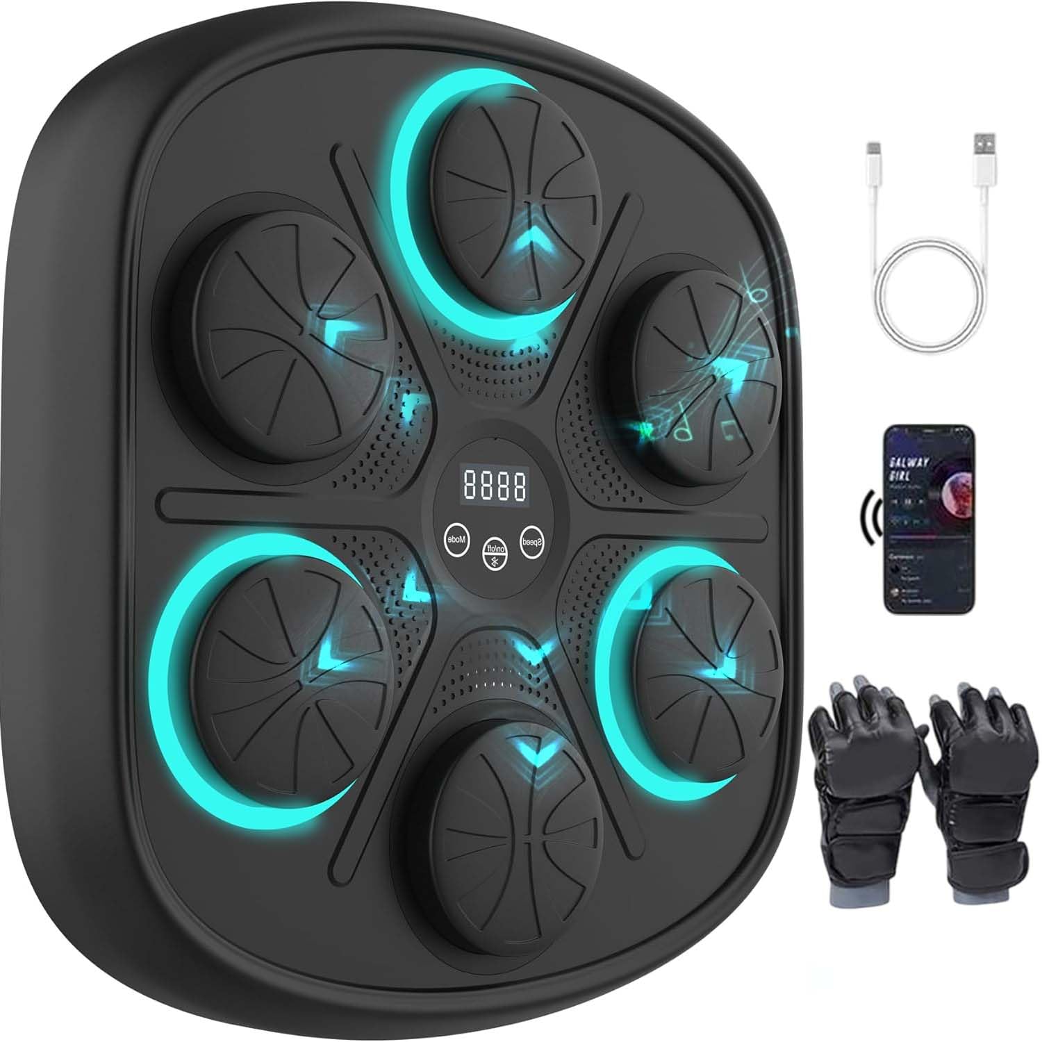Maquina Boxeo Musical Pared con 9 Velocidades, Fácil Instalación y Sin Taladros, Recuento Inteligente de Golpes y Luces al Ritmo de la Música, Conexión Bluetooth, Incluye Guantes