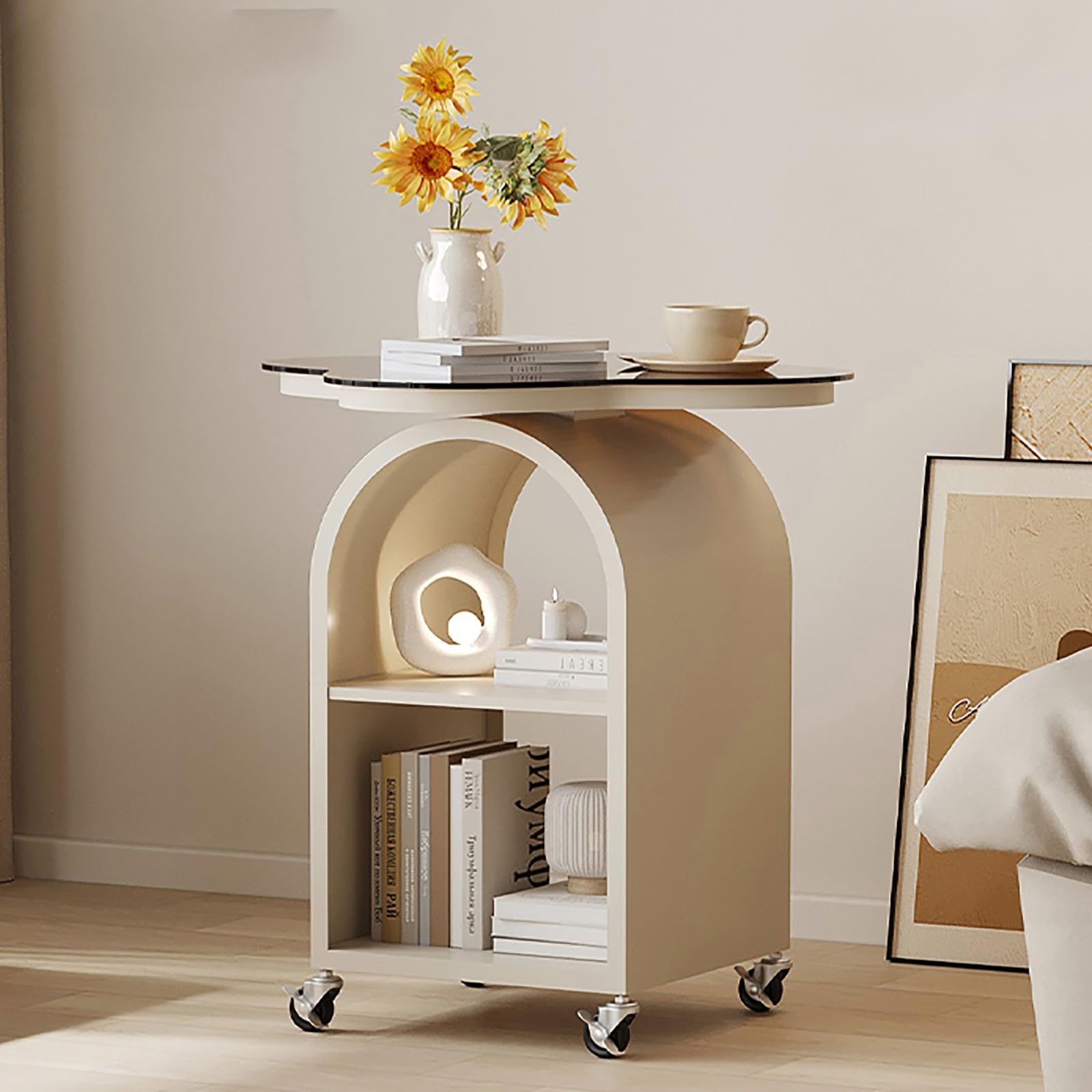 SXZenSpace Rolling End Table with Wheels Four Leaf Clover Glass Tabletop Sofa Side Arched Double Layer Design Mobile Coffee Tables(White)