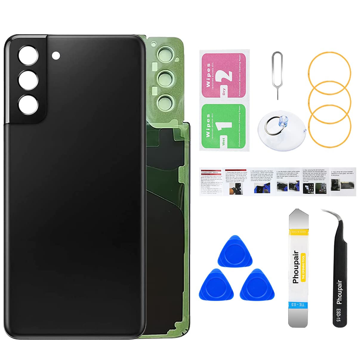 Phoupair OEM Back Glass Replacement for Samsung Galaxy S21+ Plus 5G with Professional Repairing Tool Kit (Phantom Black)