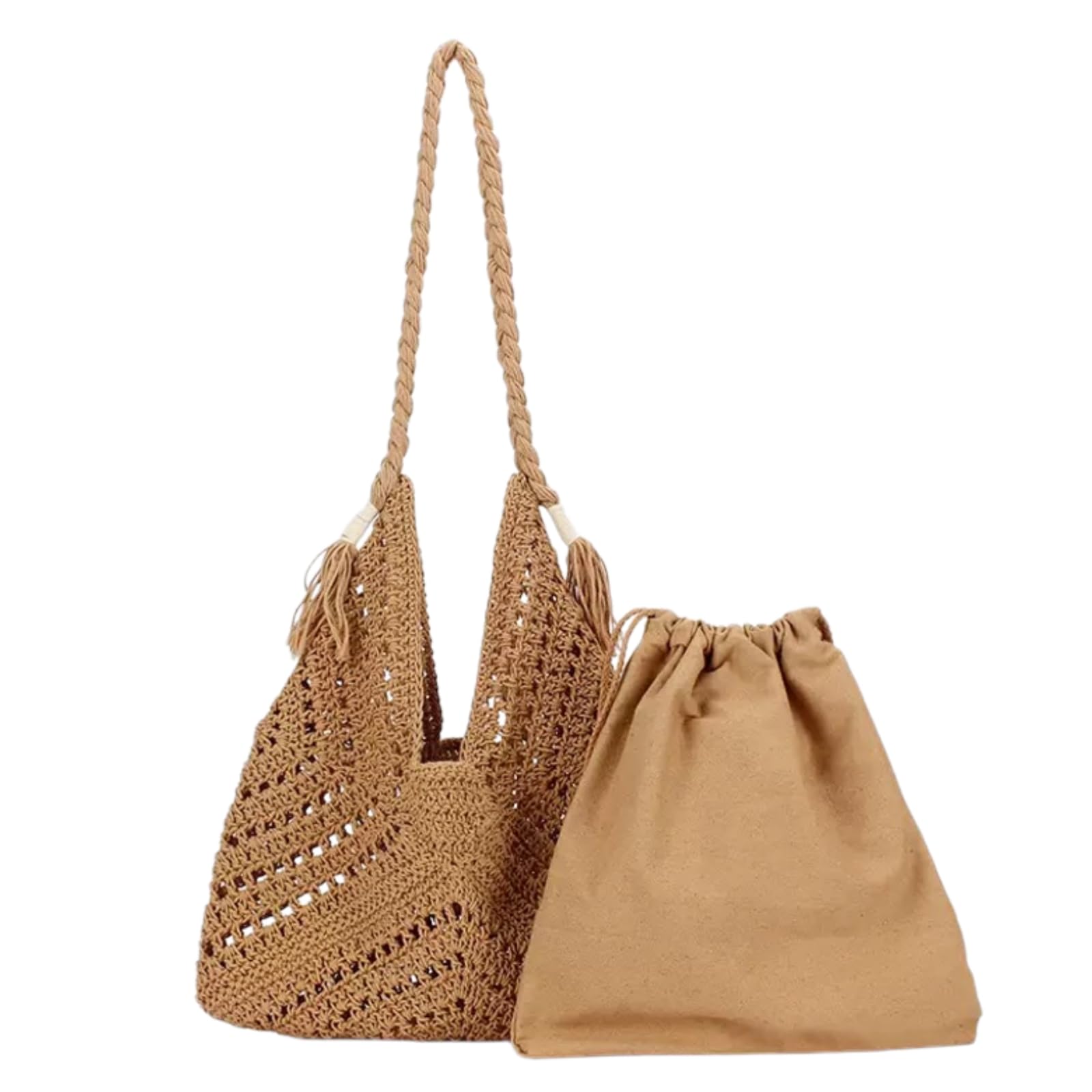 Ebzfaso Girls Coffee Straw Hollow Crochet Tassel Shoulder Bag