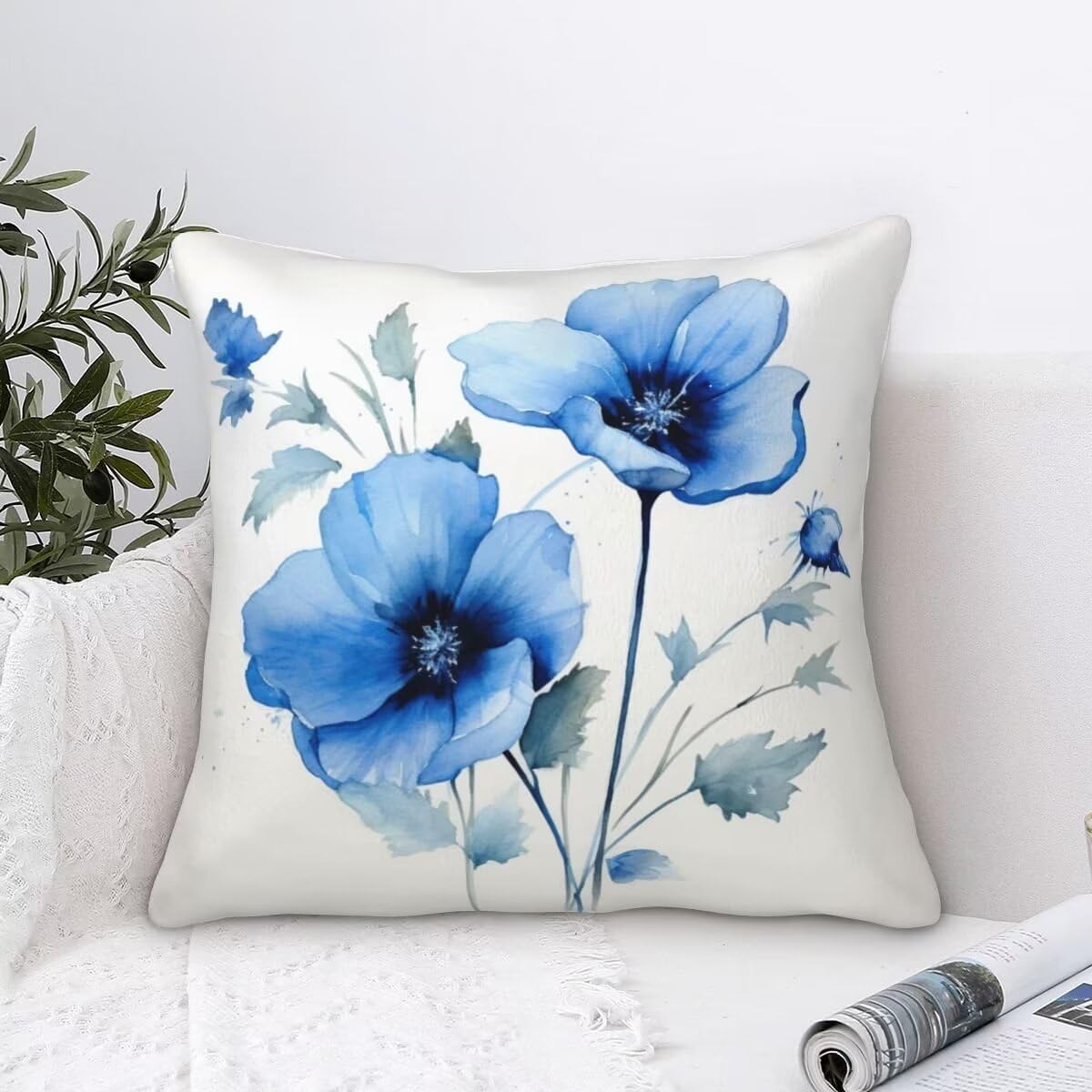 Federe Cuscini Divano 65x65 cm Set di 2 in Velluto Copricuscini Divano, Federe Cuscini Fiore Blu Decorativi Cuscini per Divano, Federe Cuscino Divano per Soggiorno, Camera da Letto Room Decor -TR254