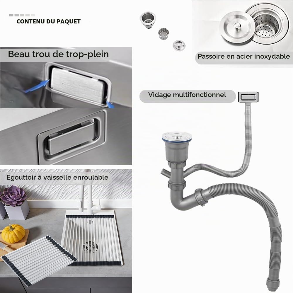 Evier Cuisine en Granit Blanc 38x50cm, Lavabo 1 bac, Évier à Encastrer Mueble 40cm, avec Bonde et Kit de Trop-Plein, Grille Enroulable et Siphon