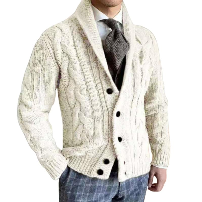 Men's Cable Knit Lapel Cardigan Sweater Jacket with Buttons for Autumn and Winter | Off White | L-image-47