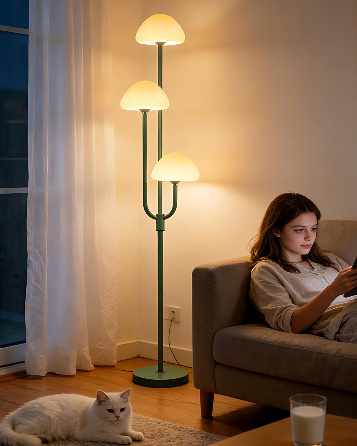 Lightdot 66IN Mushroom Floor Lamp 3-Lights Vintage Floor Lamps with Bulbs Included Modern Dimmable Tall Standing Lamp with 5Lbs Heavy Base for Living Room/Bedroom/Sofa Beside/Corner Decor-Green