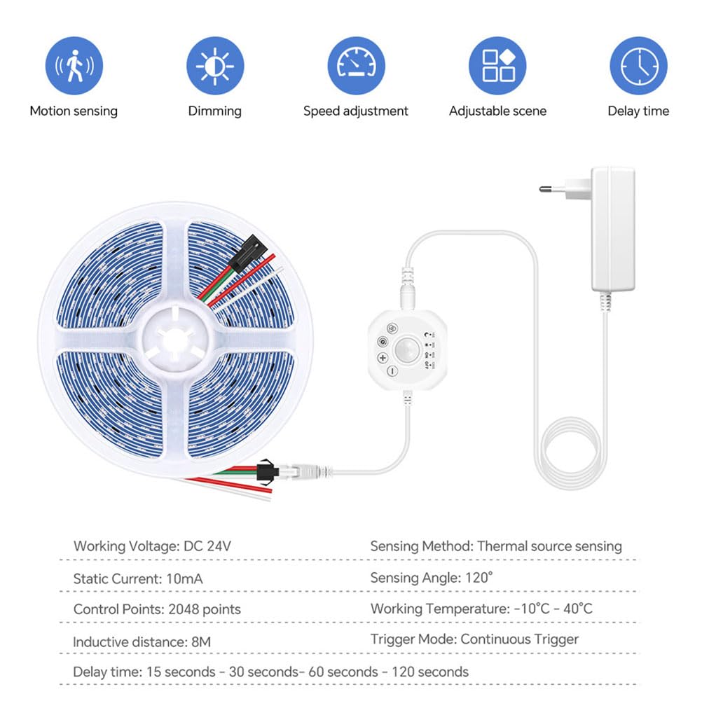 EaEa LED Streifen mit Bewegungsmelder, Dimmbar LED Band Superhelle 120 LEDs/M, Flexibel Schneidbare,4 Modi Beleuchtung, DC24V Selbstklebend DIY Lichtleiste für Küche Treppen Decken,Warm light,5M