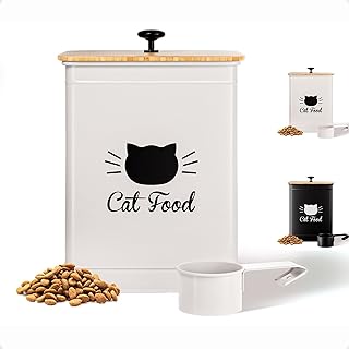 Cat Food Storage Container with Scoop - 5-7 lb (25 Cup) Capacity Metal Cat Food Container with Airtight Bamboo Lid and Metal Scoop - Airtight Pet Food Storage Containers 5 lb - 7 lb Kibble Container