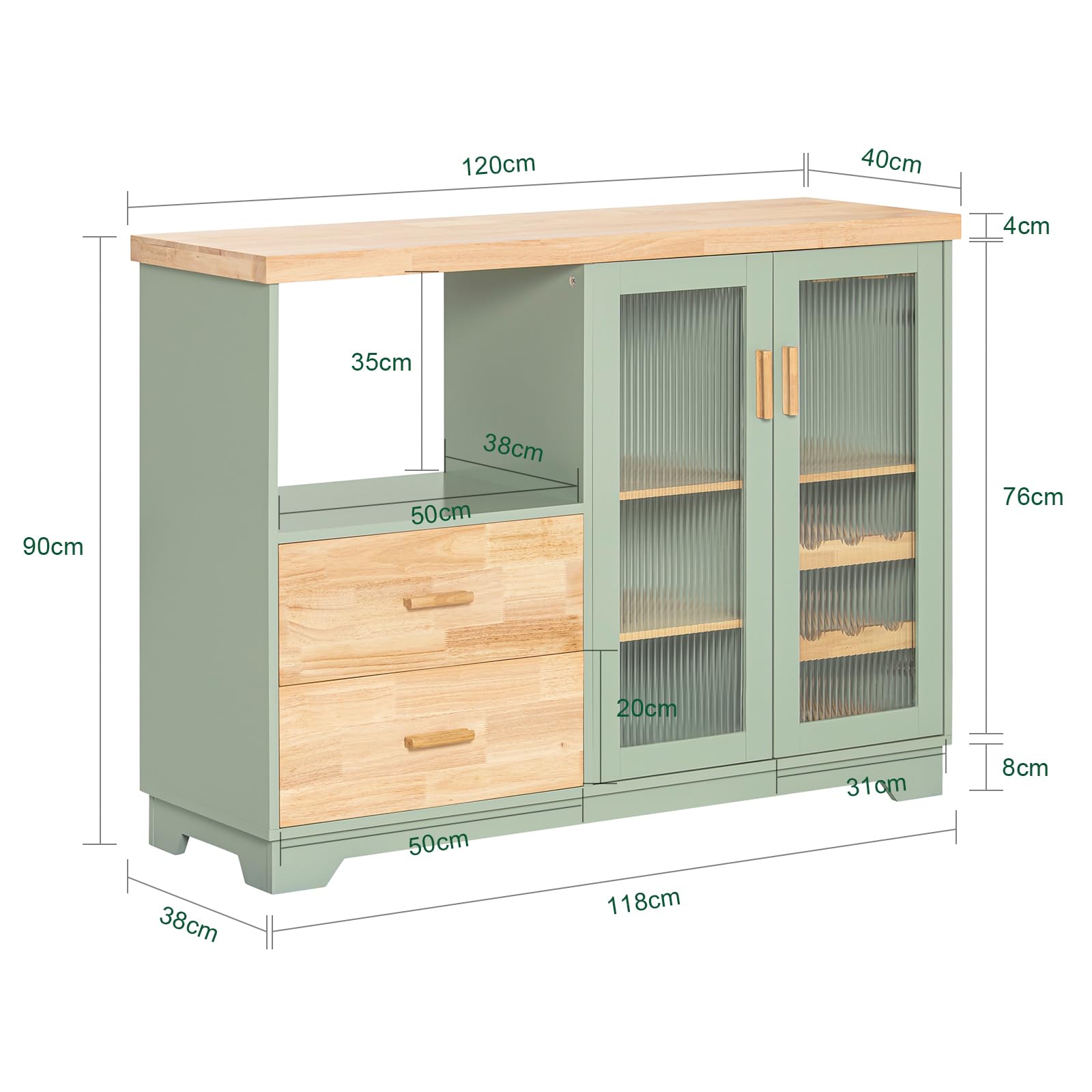 SoBuy Küchenschrank Buffet Kommode mit Glastüren & Schubladen Sideboard mit 120 cm Arbeitsplatte, Mikrowellenfach & Weinregal Küchenmöbel für Wohnzimmer & Esszimmer Grün 120x90x40cm FSB81-GR