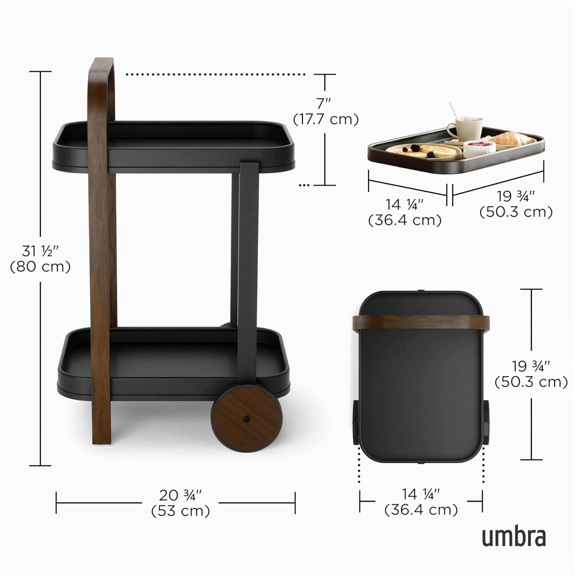 Umbra Bellwood Desserte à roulettes et Table d'appoint avec 2 étages et Plateaux Amovibles, Noir/Noyer