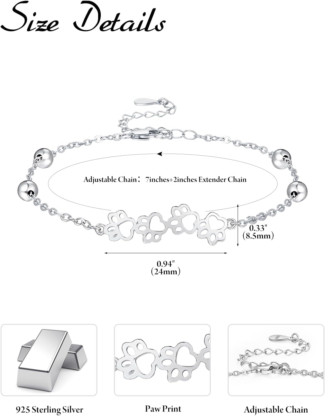 Palpitate Cute Paw Print Bracelet Pet Bracelet 925 Sterling Silver Cat Dog Lovers Jewelry Gifts for Women