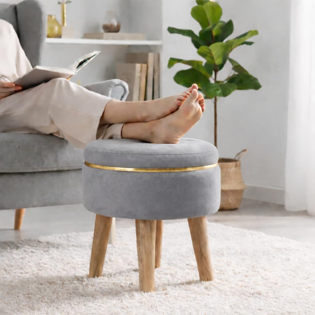 Ottoman Foot Rest | Velvet Small Ottoman Foot Stool | Solid Wood Legs & Golden Accent Ring | Footstool Puffy for Living Room Bedroom & Makeup Table| 30 x 30 cm (12 x 12 Inch) | Grey-image-27