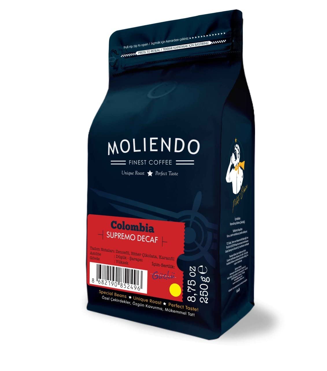 Moliendo Finest Coffee Colombia Supremo Decaf (Kafeinsiz) Yöresel Kahve (Çekirdek) 250 g