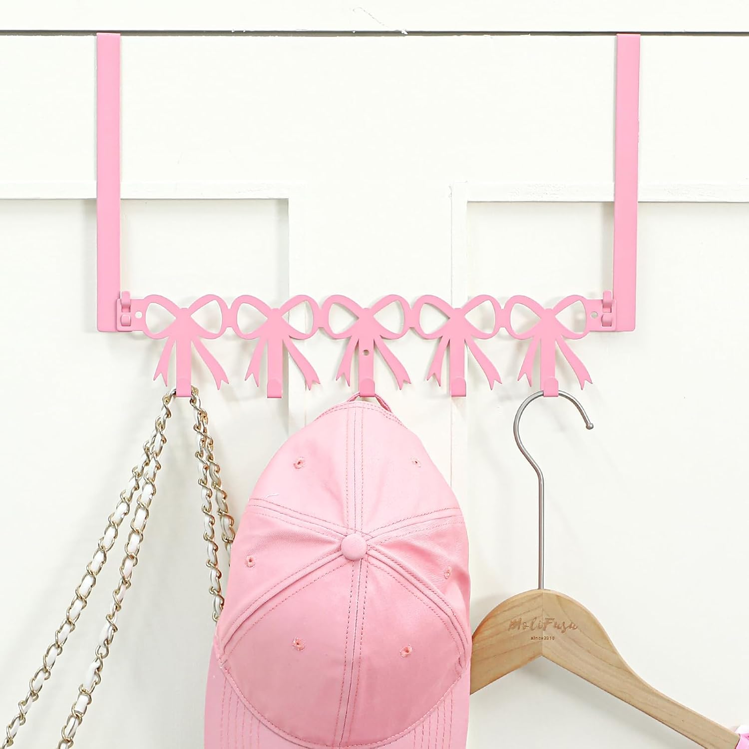 AceOrbit Pink Bow Over The Door Hooks Hanger Wall Mount Towel Hanger Door Holder Organizer 5 Hooks Kawaii Farmhouse Rustic Coquettish Style Decor for Bedroom Bathroom Towel Hat Clothes