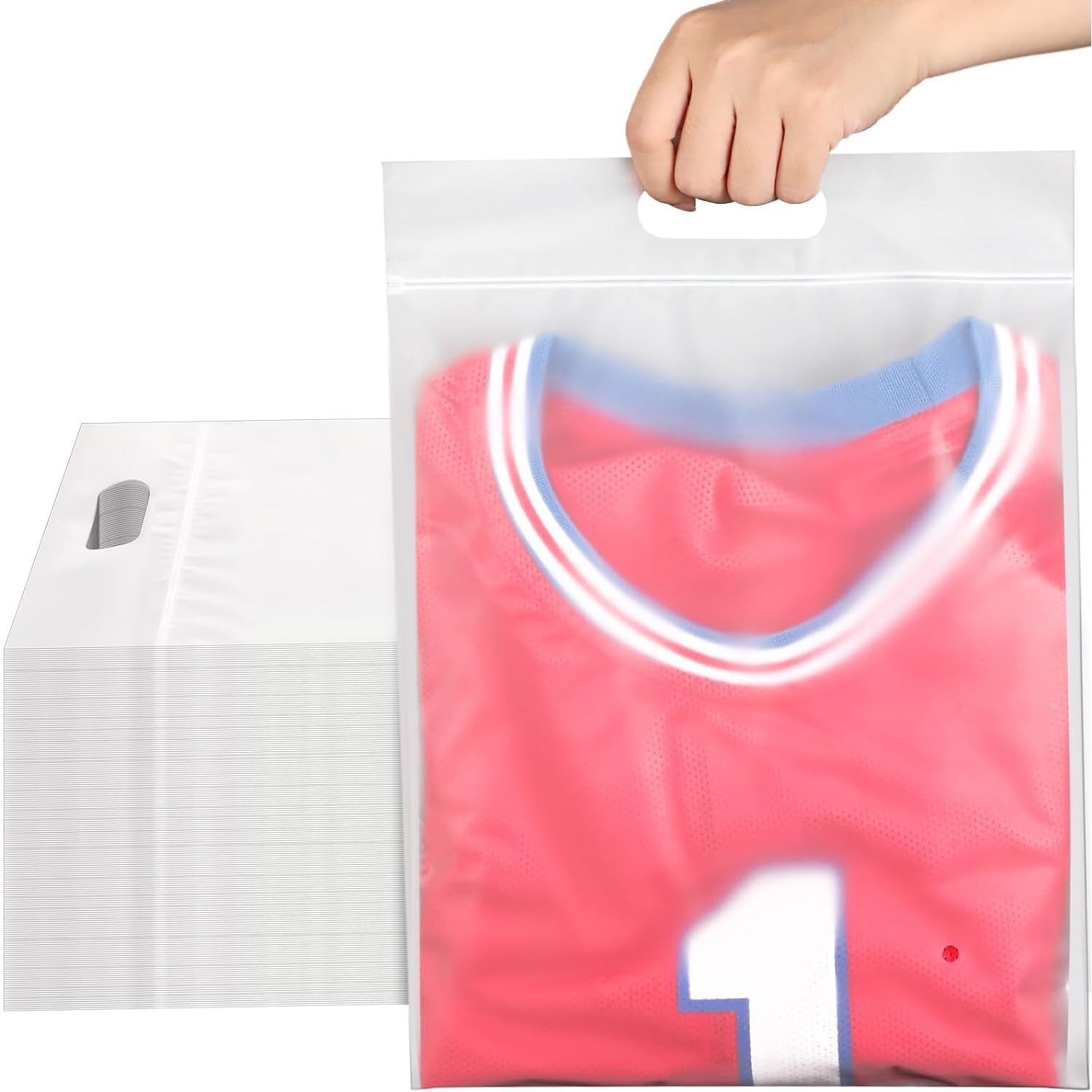 – Joyzzz T Shirt Bags, 50PCS 35x25cm Frosted With Handle, Clear Poly Mailers, Edge Reinforcement Design, Waterproof Ziplock Packaging for Small Business