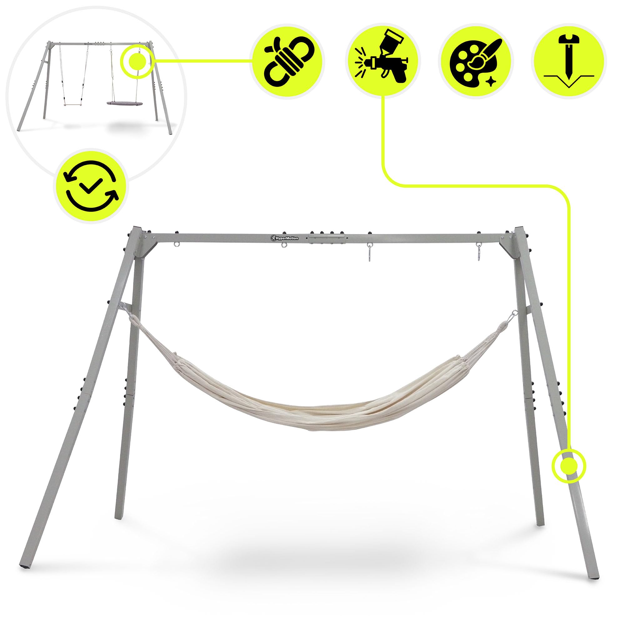 HyperMotion 4-in-1 Gartenschaukel Set aus Legiertem Stahl und Polyester, Pulverbeschichtet in Grau, mit Hängematte, Schaukelsitz und Vogelnest, 310 × 180 × 192 cm