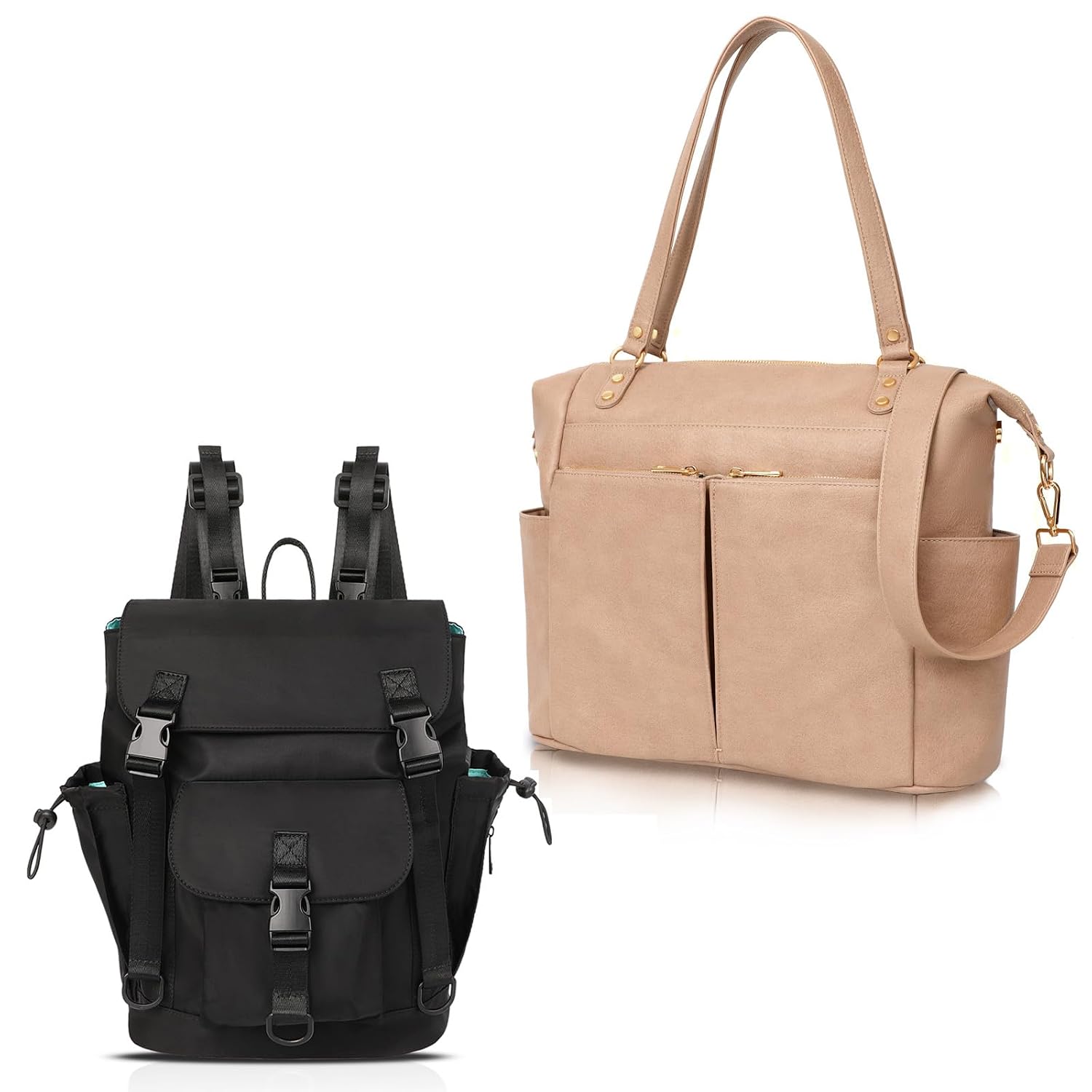 MOMINSIDE Diaper Bag Tote & Small Diaper Bag Backpack, Mini Diaper Bag, Leather Diaper Bag Backpack Convertible Baby Bag for Boys Girls, Baby Registry, Changing Pad, Large 4 Insulated Pockets