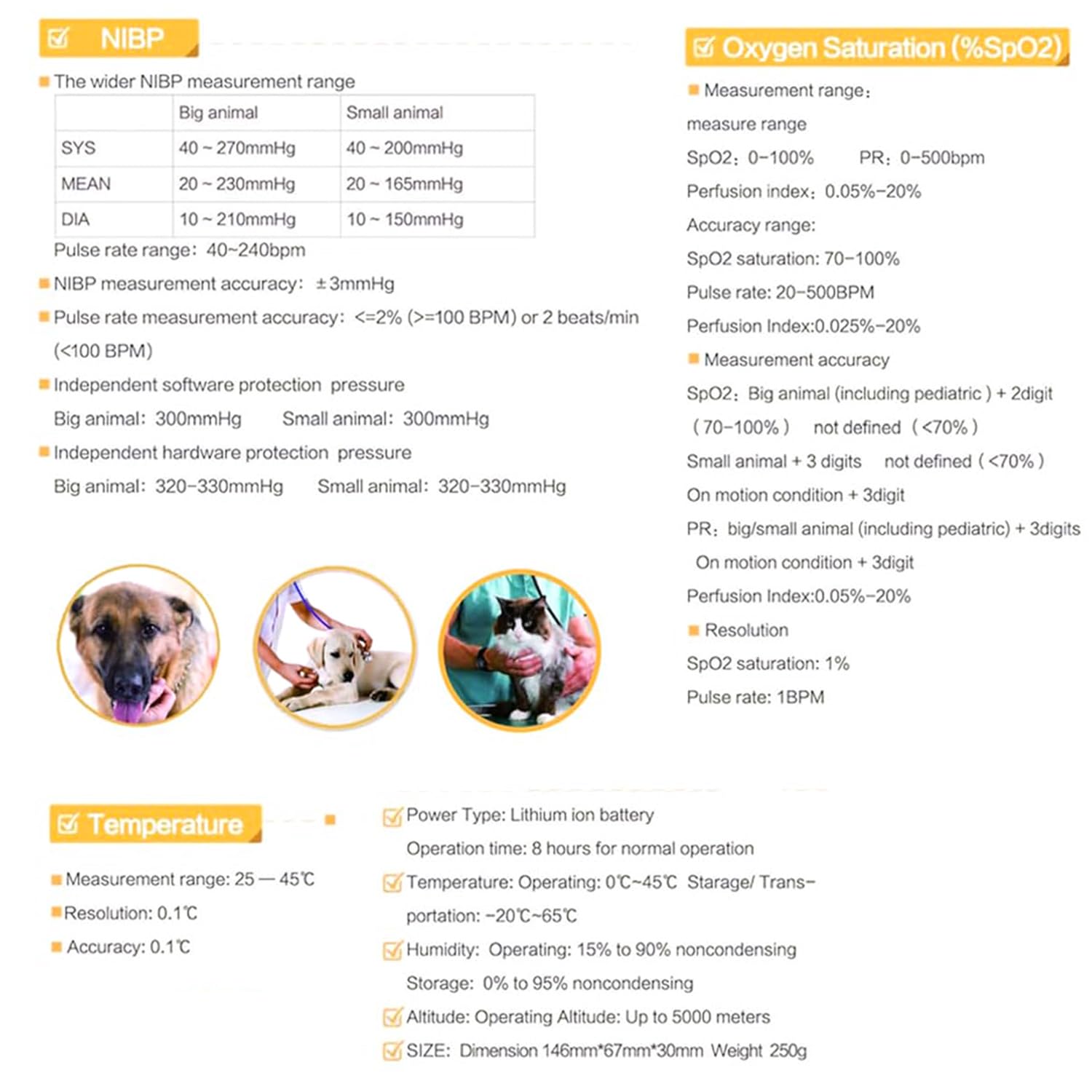 Veterinär-Pulsoximeter, Tragbarer Vitalparameter-Monitor, Mehrere Überwachungsfunktionen Für SPO2/Blutdruck/Temperatur/Pulsfrequenz, Für Katzen, Hunde Und Haustiere