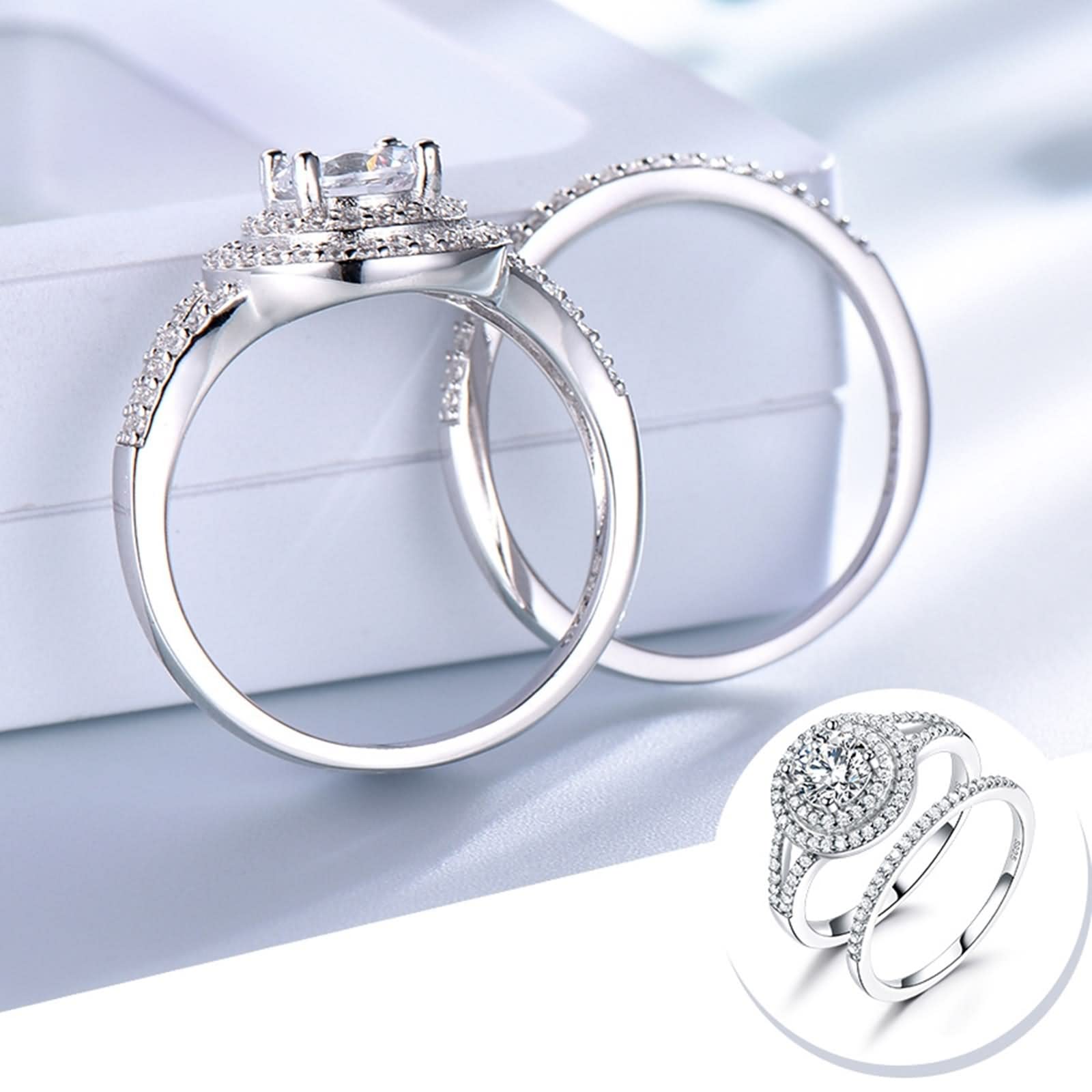 Ringe für Damen, modisch, Kleiner Ehering, Stapelring, V-Form, Doppelkreis, runder Zirkonia, Sterlingsilber