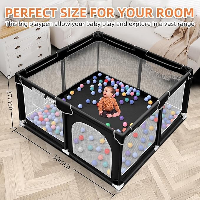 Image of Baby Playpen with Balls - Portable Play Yard with Mesh Panels for Safety & Visibility, Indoor /Outdoor Toddler Activity Fence for Boys & Girls (Black)