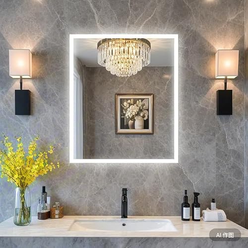 Espejo con iluminación, 220 V, IP54, espejo de baño con 3 colores de luz, regulable y ajuste de brillo, espejo de baño inteligente con iluminación para baños, baños, baños, hoteles (60 x 80 cm)