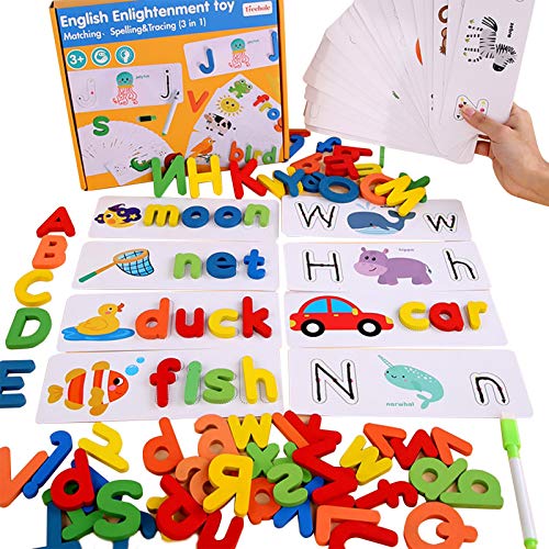 Mgichoom Jeux d'orthographe, Apprentissage préscolaire ABC avec 26 Lettres majuscules et 26 Lettres minuscules, Activités d'apprentissage préscolaire, Jeu de Reconnaissance de Formes et de Couleurs