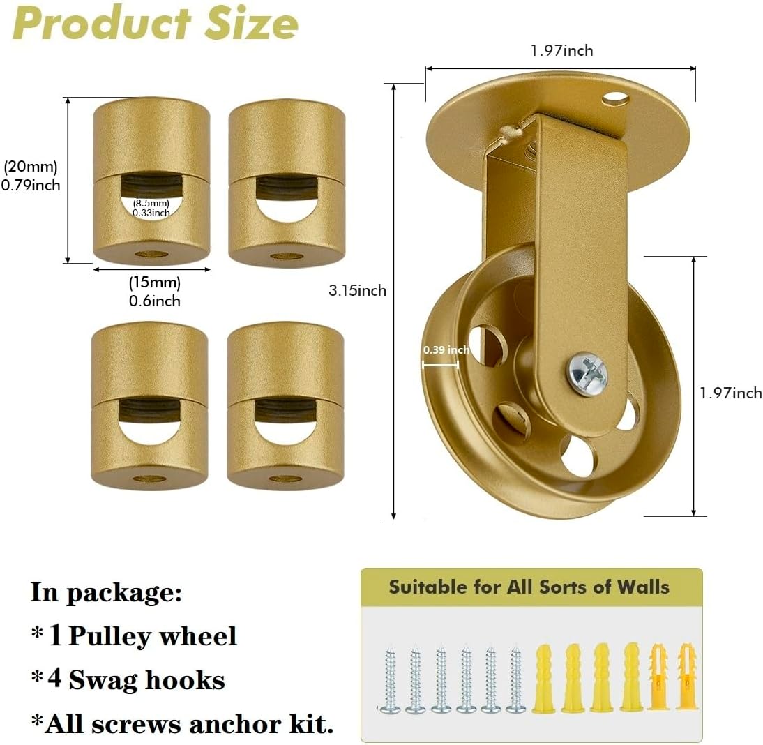 Pulley Wheel for Plug in Pendant Light, Wall Ceiling Mount Pulley for Hanging Lamp, 1 Pack Pulley Wheel and 4 Pack Swag Hooks for Hanging Electric Wire Cable Cord Chandelier Plant Grow Lights (Gold)
