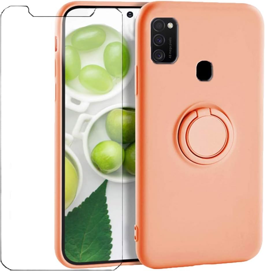 Case Compatible with Samsung M21 Samsung M31 Case Samsung M21 Samsung M31 Liquid Silicone Cases + Screen Protector with Ring Holder Shockproof Protection Cover (Orange, Samsung M31)