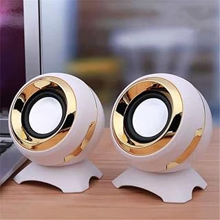 2pcs Wired Bookshelf Computer Speakers 6W, 3.5mm AUX Audio Amplifier Bottom Diaphragm Bass Horns with Stereo Sound, USB Speakers for Laptop/Tablet/PC/Mobile phones/MP3/MP4 (White-Gold)