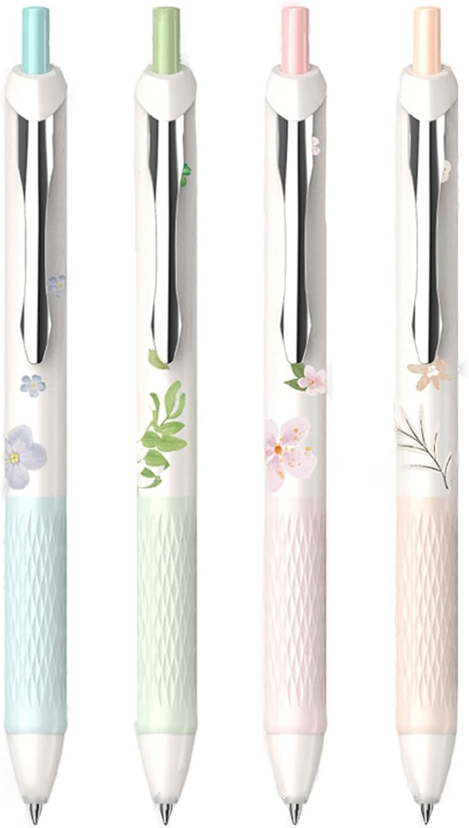 DUNBONG 4-Pack Gel Pens, 0.5mm Fine Point Black Ink, Floral Design | Quick-dry gel ink | Non-slip silicone grip | Retractable spring tip | Wax-sealed prevents drying | Refillable | Black ink