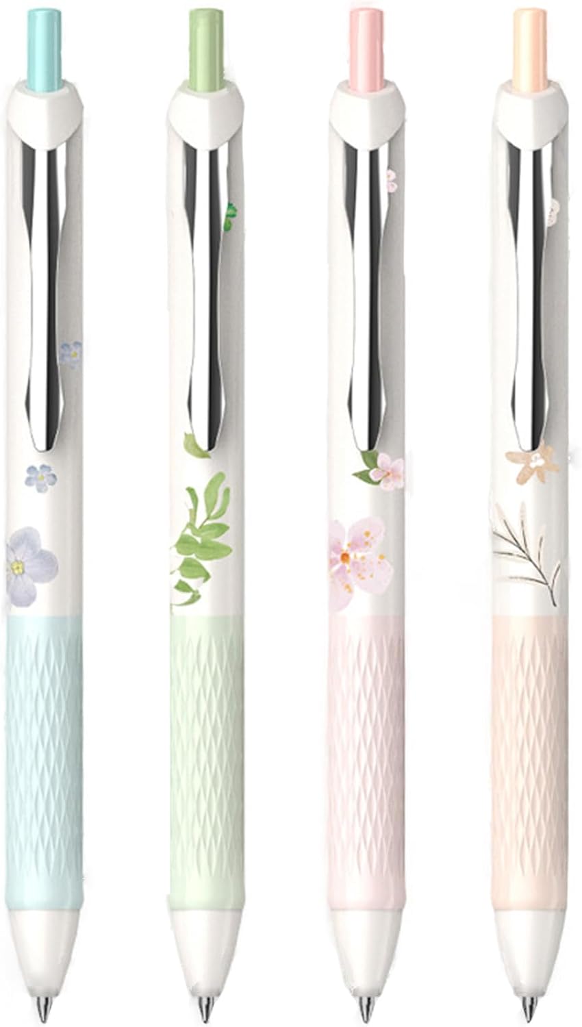 DUNBONG Flower Style Water-based Neutral Pen, 0.5mm Fine Point, Gel Ink Ballpoint Pen, Black Ink, Metal Clip, Anti-slip and Anti-fall, Pack of 4 (Multicolor)