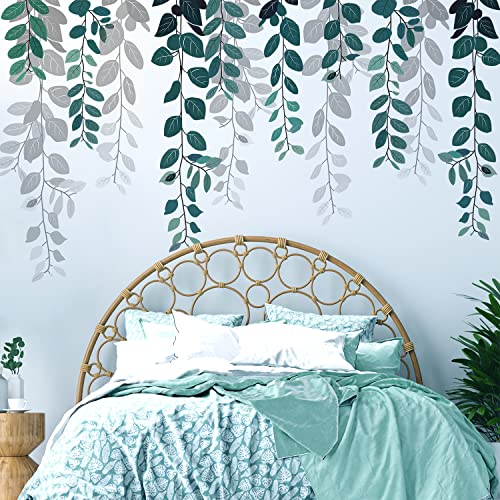 VePret Green Hanging String of Eucalyptus Wall Decals Peel and Stick, Large Plants Leaf Vinyl Wall Stickers, Removable Vine Home Decor Art for Bedroom Living Room Classroom Office