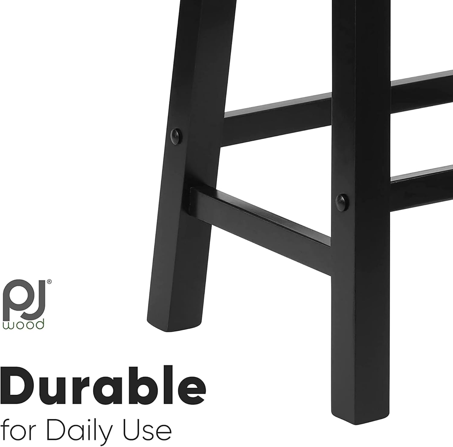 PJ Wood Classic Saddle-Seat 24" Tall Kitchen Counter Stools for Homes, Dining Spaces, and Bars w/Backless Seats, 4 Square Legs, Black (Set of 8)