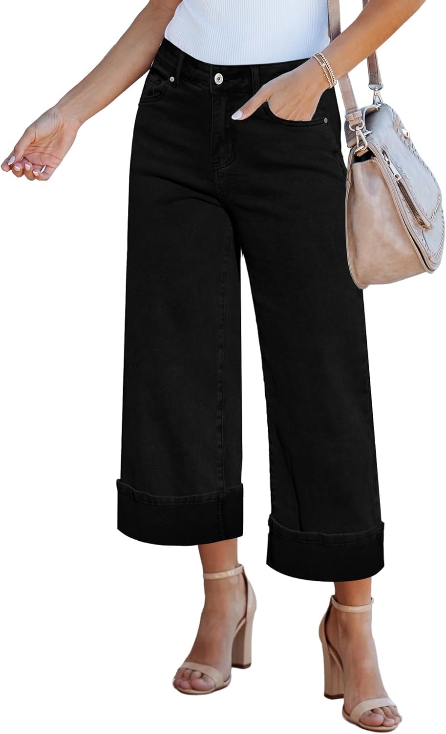 GRAPENT Wide Leg Jeans for Women High Waisted Stretchy Denim Crop Pants Fold Hem Cropped Baggy Jeans with Pockets