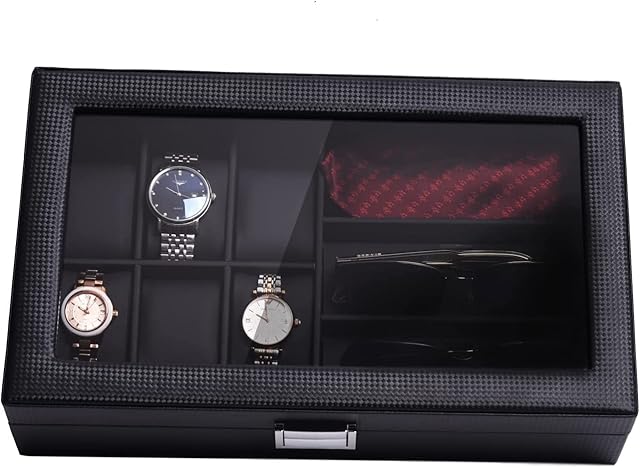 MQFORU Watch Box Carbon Fiber, Watch Sunglasses Organizer with Glass Top, Watch Jewelry Display Case, 6 Slots for Watch, 3 Compartments for Eyeglasses Collections
